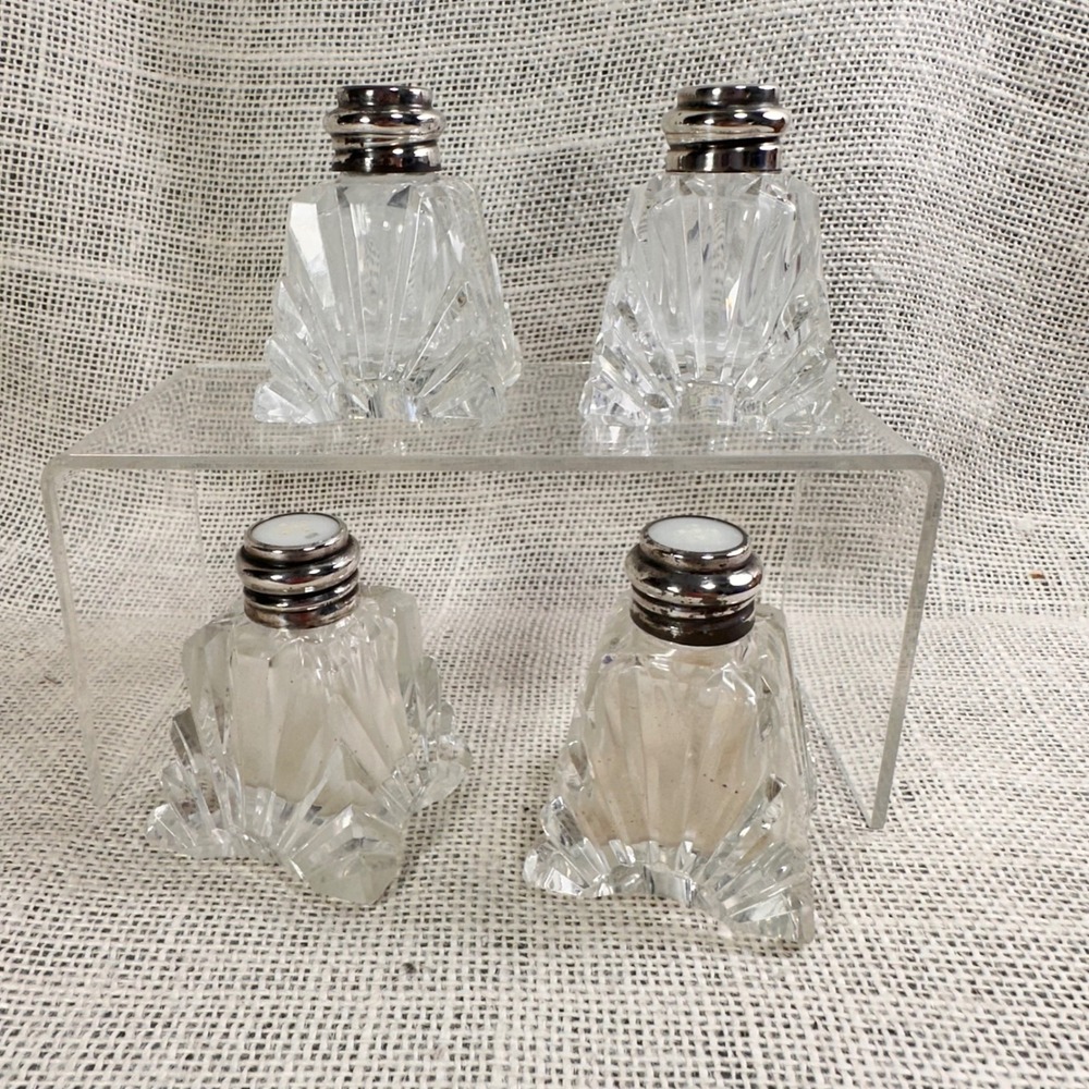 Antique Set of 4 Faceted Glass Individual Salt Shakers Sterling Silver Tops